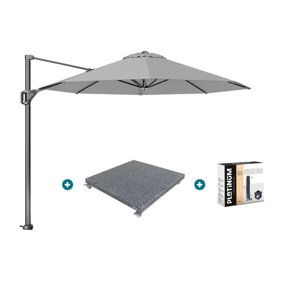 Platinum Voyager Ronde Zweefparasol T1 3 M. - Light Grey + Voet + Hoes